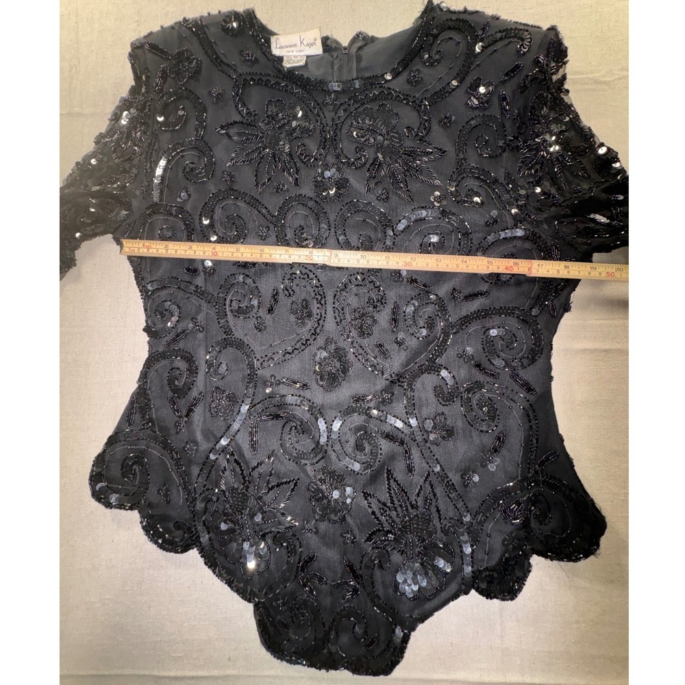 Laurence Kazar Black Silk Beaded Sequin Floral Evening Top Long Sleeve Large - Picture 5 of 12